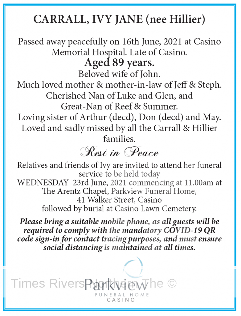 Jane Ivy Carrall Funeral Notice