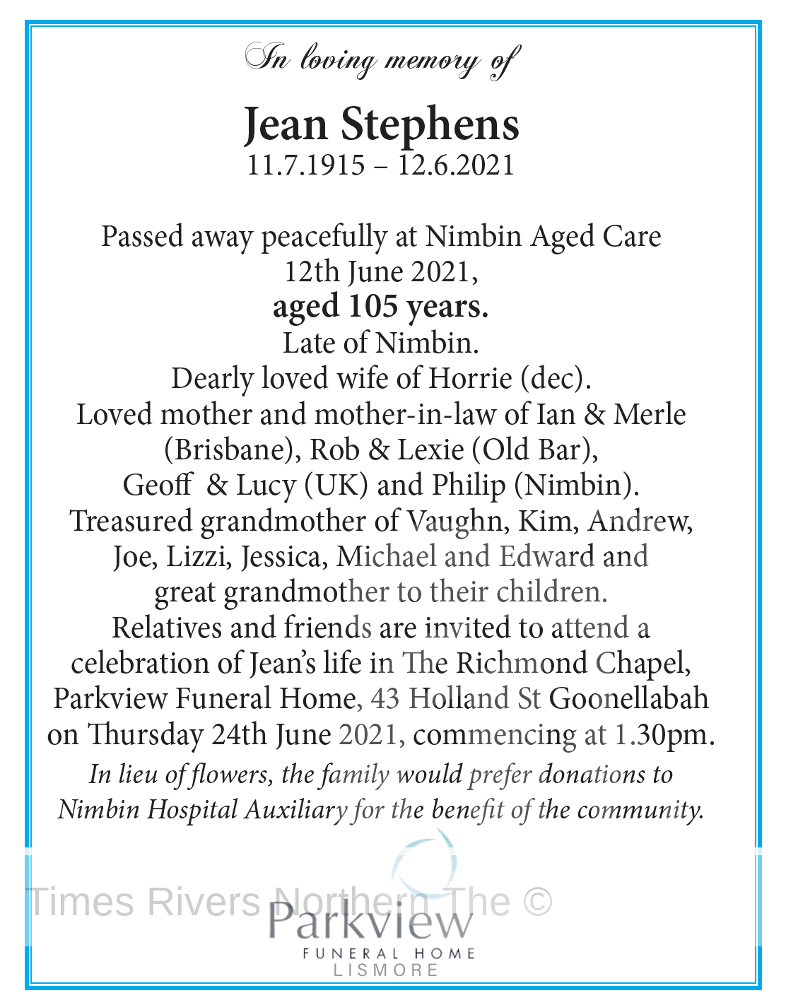 Jean Stephens Funeral Notice