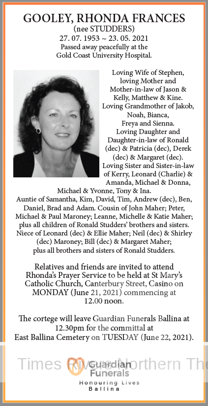 Rhonda Frances Gooley Funeral Notice