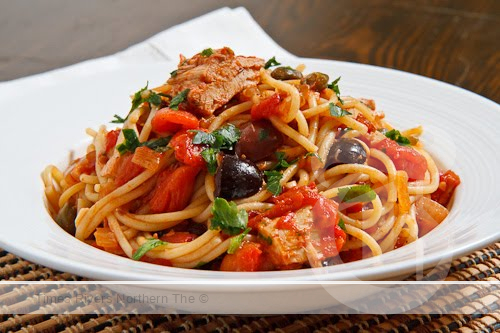Tuna Pasta with tomatoes, olives and capers