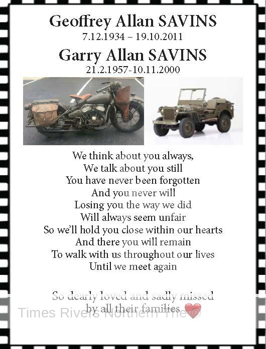 Geoffrey & Garry Savins Funeral Notice