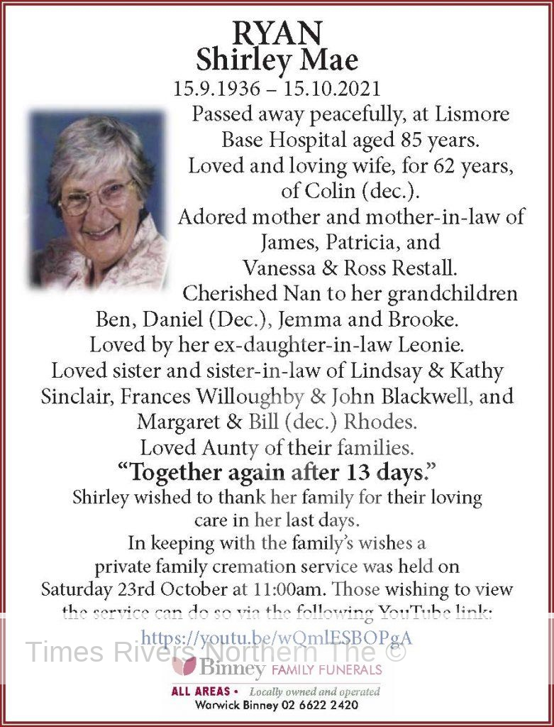 Shirley RYAN Funeral Notice