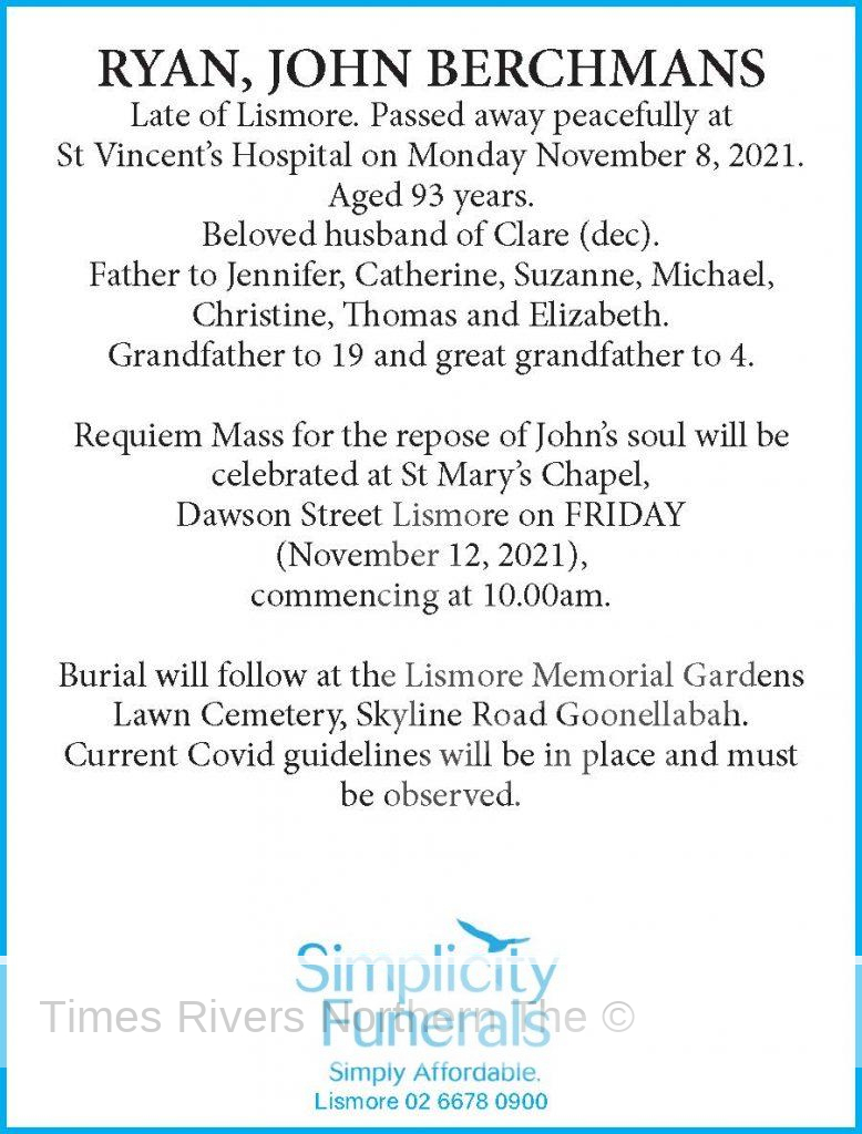 RYAN, JOHN BERCHMANS Funeral Notice