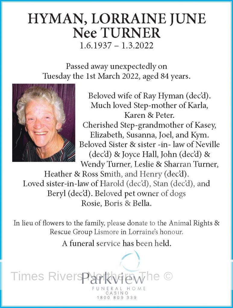 Funeral Notice - Lorraine Hyman (Joyce Hall)