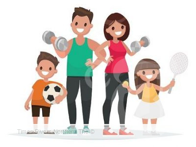A cartoon of a family doing fitness activities to get fit.