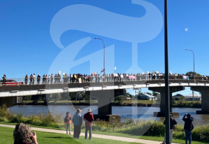 Protestors rallying on the Woodburn bridge holding signs.