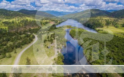 A Birds Eye view of a river with running water and hills beside it.