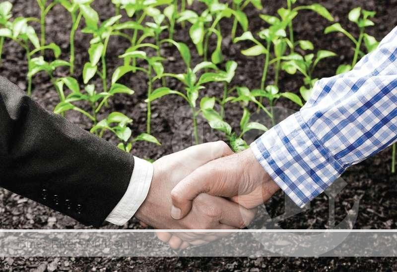 Farmer and business man shaking hands over a crop