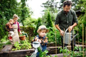 A family gardening with children.