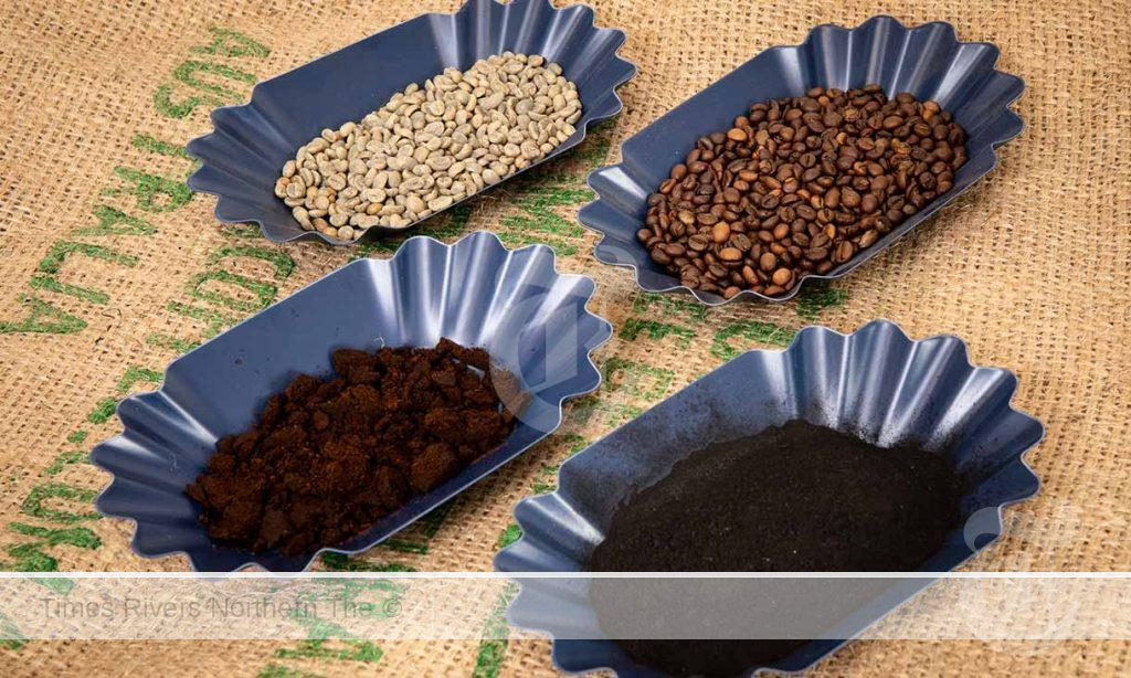 Samples of unroasted coffee beans, roasted coffee beans, spent ground coffee and the team’s coffee biochar. Credit: Carelle Mulawa-Richards, RMIT University