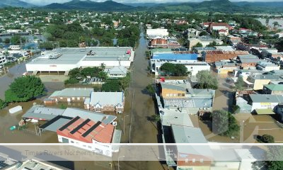 Aerial view of Murwillumbah in the 2022 flood, looking along Wollumbin Street.