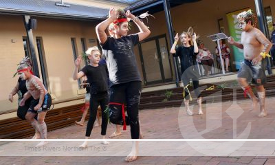 The Berinbah Dancers performed some traditional and orignal dancers for the crowd attending the 2023 Clarence Valley Indigenous Art Awards on Saturday at the Grafton Regional Gallery