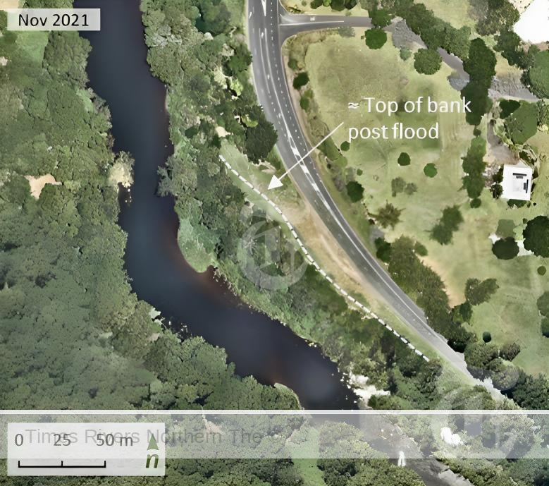 Aerial view of Riverside Park, November 2021. The riverbank lost 45m of vegetation following last year's flood, leaving parts of the bank just 5 to 15 metres away from Kyogle Road.