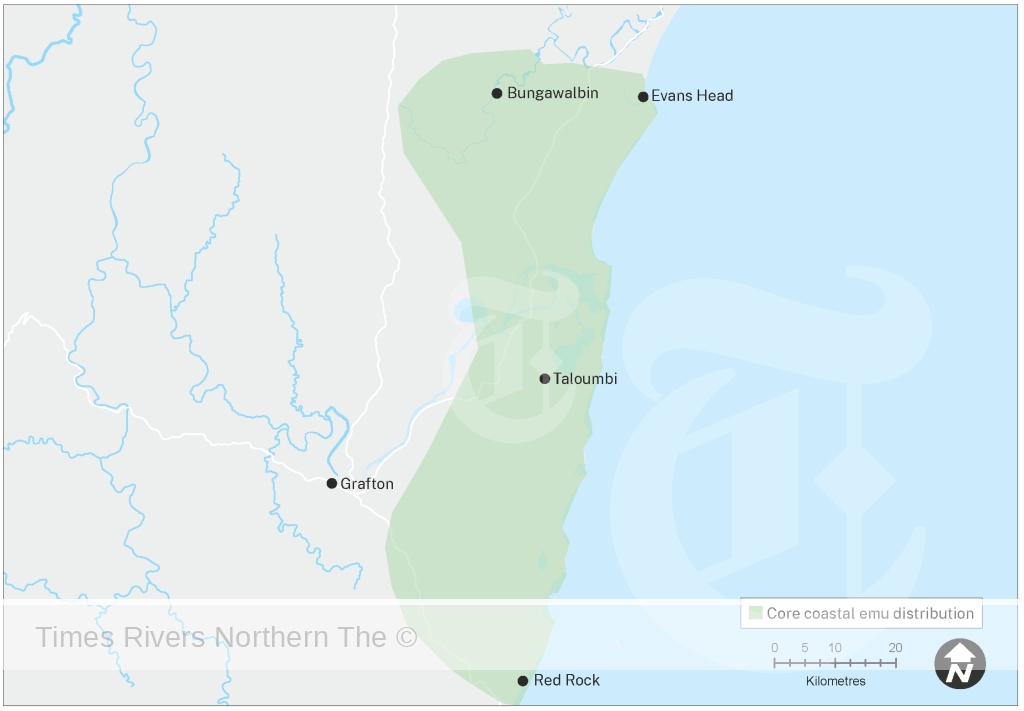 Map of coastal emu distribution, north coast NSW Credit: DPE