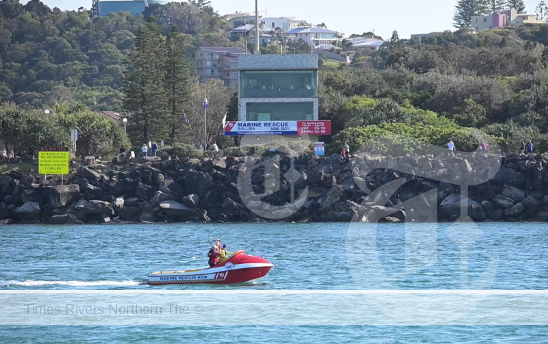 Ballina Jet Boat in the river in front of the marine rescue tower.