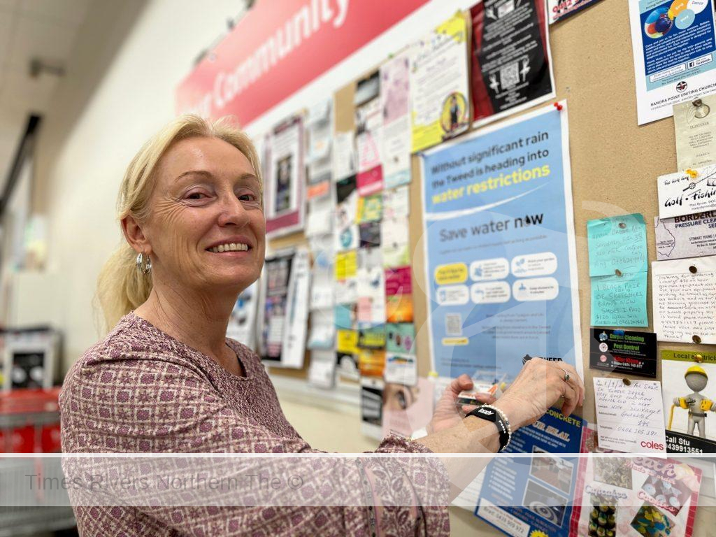 To help spread the word that everyone in the Tweed needs to save water now, Council's Elizabeth Seidl has pinned posters on the Tweed’s community noticeboards, including this one at Coles Supermarket at Tweed City.