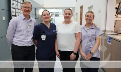 L-R: Stephen Manley (NNSWLHD Director Cancer Services and Innovation), Kate Collyer (Registered Nurse, Radiation Therapy), Grace McMullen (NNSWLHD Chief Radiation Therapist), and Erica Moore (Administration Officer, Haematology, North Coast Cancer Institute Lismore) - Outpatient Cancer Care Report