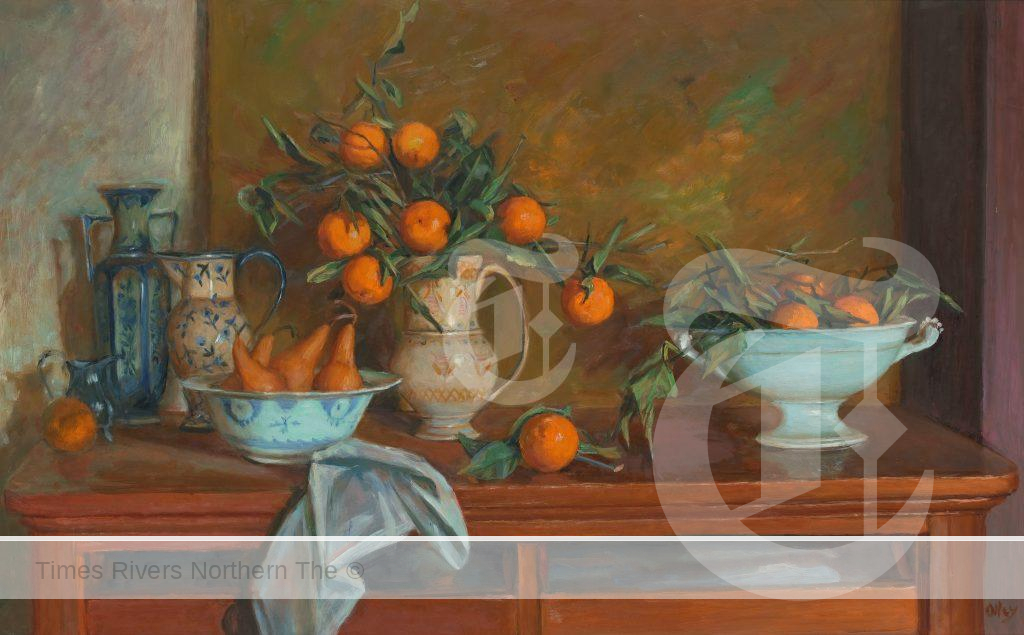 Margaret Olley (1923 – 2011). Still life with mandarins and pears 1976. Oil on board. 75 x 120 cm. Private collection, courtesy Philip Bacon Galleries © Margaret Olley Art Trust