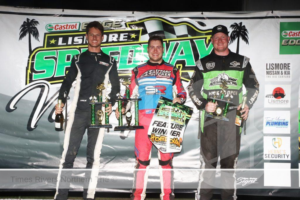 AT LEFT, SAM WALSH, (runner-up), winner Jessie Attard (centre) and third-placed Daniel Sayre - Sprintcar main event, Lismore Speedway, November 18, 2023. Photo by Tony Powell.