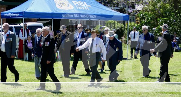 The contingent of veterans marches proudly from the parade ground at the conclusion of the 2023 Grafton Remembrance Day Service in Memorial Park on Saturday.