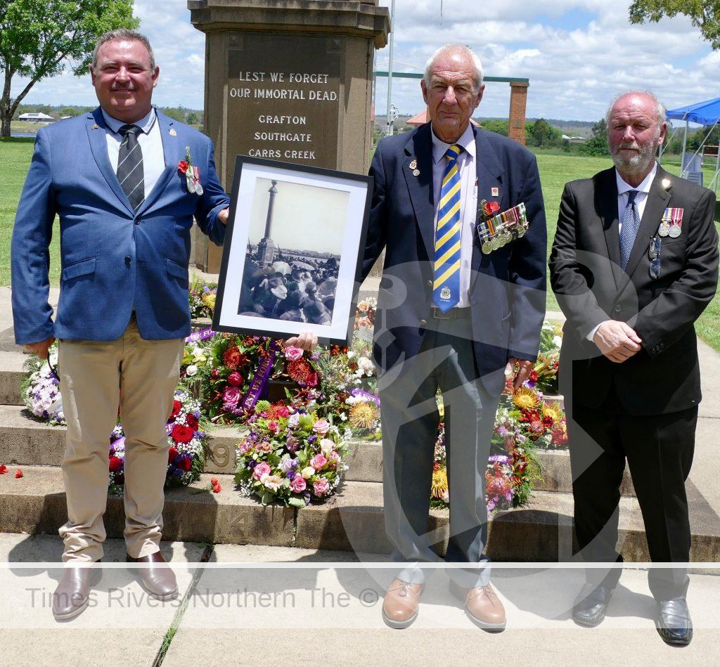 Grafton RSL sub branch president Leith Basset and secretary Denis Benfield, with Clarence River Historical Society presidnet Steve Tranter after the ceremony to comemmorate the 100th anniversary of the Grafton Cenotaph.