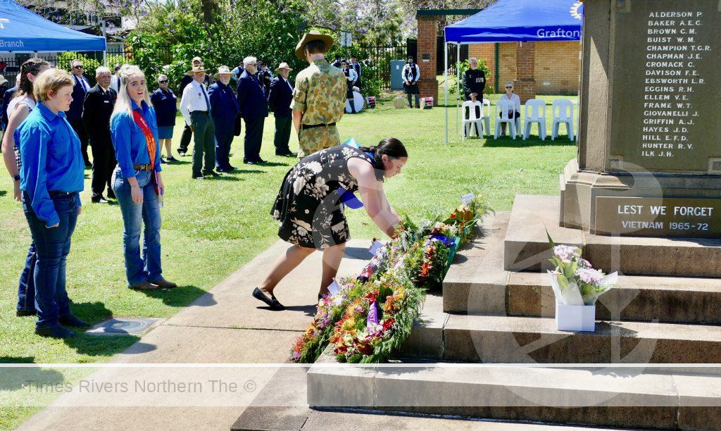 The Grafton Show party lay their wreath on the Grafton Cenotaph during the Remembrance Day service in Memorial Park on Saturday.