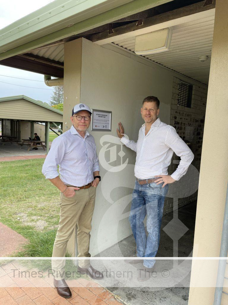 Reflections' CEO Nick Baker and Byron Shire Council Mayor, Cr. Michael Lyon after installing hot showers at Brunswick Heads.