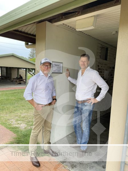 Reflections' CEO Nick Baker and Byron Shire Council Mayor, Cr. Michael Lyon after installing hot showers at Brunswick Heads.
