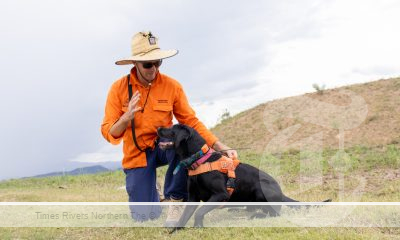 Dog detection handler Jordan Christison and his dog Miff from the National Fire Ant Eradication Program on the site where fire ants were identified in the new industrial estate at South Murwillumbah