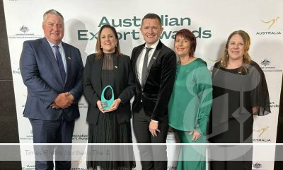 SunRice Group's John Bradford, Belinda Tumbers, Anthony McFarlane, Julie Garrard and Nicole Griffin celebrate the national award win. Picture supplied from the Australian Export Awards.