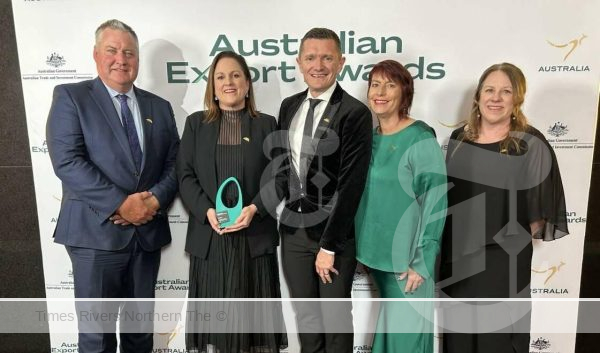 SunRice Group's John Bradford, Belinda Tumbers, Anthony McFarlane, Julie Garrard and Nicole Griffin celebrate the national award win. Picture supplied from the Australian Export Awards.