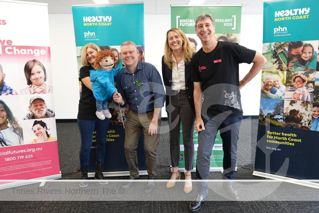 From back left, Play therapist Lisa Wilson, Federal Minister for Emergency Management Murray Watt, Healthy North Coast CEO Monica Wheeler and Social Futures CEO Tony Davies, have come together to create the Resilient Kids program.