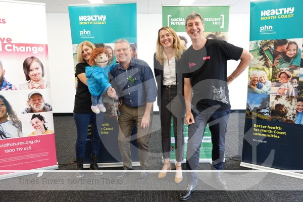 From back left, Play therapist Lisa Wilson, Federal Minister for Emergency Management Murray Watt, Healthy North Coast CEO Monica Wheeler and Social Futures CEO Tony Davies, have come together to create the Resilient Kids program.