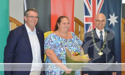 Member for Clarence Richie Williamson and Clarence Valley mayor Peter Johnstone congratulate Aneika Kapeen for becoming the Clarence Valley’s Citizen of the Year for 2024.