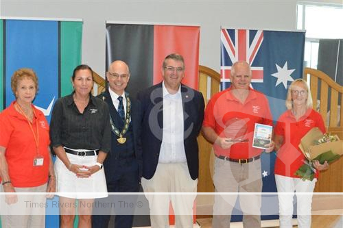 Member for Clarence Richie Williamson and Clarence Valley mayor Peter Johnstone and staff from the Wespac Rescue Helicopter Support Group accept their 2024 Community Achievement Awards.