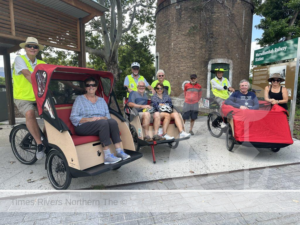 Wayne Sticher and Tracey McDonagh from Cycling Without Age (left) look forward to opening the first chapter of the volunteer organisation on the Rail Trail – at Burringbar. They are pictured here during a training day with volunteers.