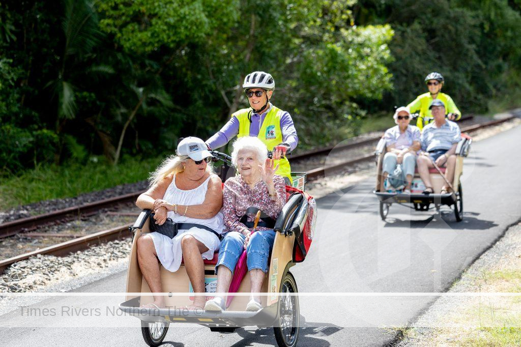 The Cycling Without Age trishaws in action at the community celebration weekend to mark the opening of the Rail Trail in March 2023.