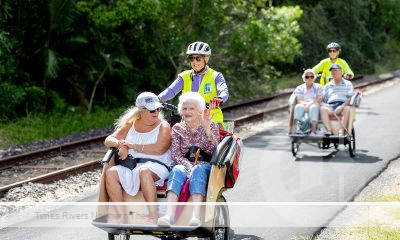 The Cycling Without Age trishaws in action at the community celebration weekend to mark the opening of the Rail Trail in March 2023.