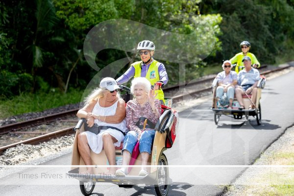 The Cycling Without Age trishaws in action at the community celebration weekend to mark the opening of the Rail Trail in March 2023.