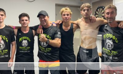 L to R: Dylan Wright, Sunny McLean, Scott Smith, Reef Dufner, Jett Smith and Josh Dufner, trainer at The Maddog Boxing gym.