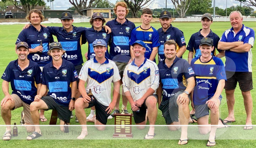 The Harwood team celebrates after a devastating eight-wicket win in the Clarence Valley mixed first grade cricket grand final at Ellem Oval, Grafton at the weekend.