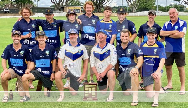 The Harwood team celebrates after a devastating eight-wicket win in the Clarence Valley mixed first grade cricket grand final at Ellem Oval, Grafton at the weekend.