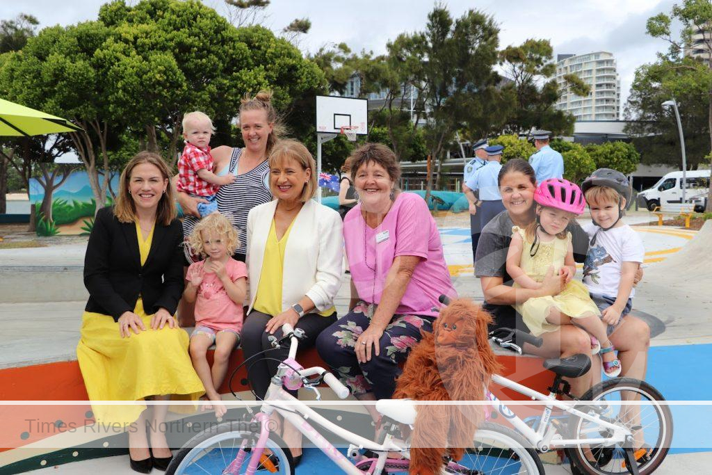 NSW MLC Emily Suvaal, federal MP Justine Elliot and Tweed Deputy Mayor Meredith Dennis enjoy some time out with fans of the Tweed Regional Inclusive Parkland - Goorimahbah