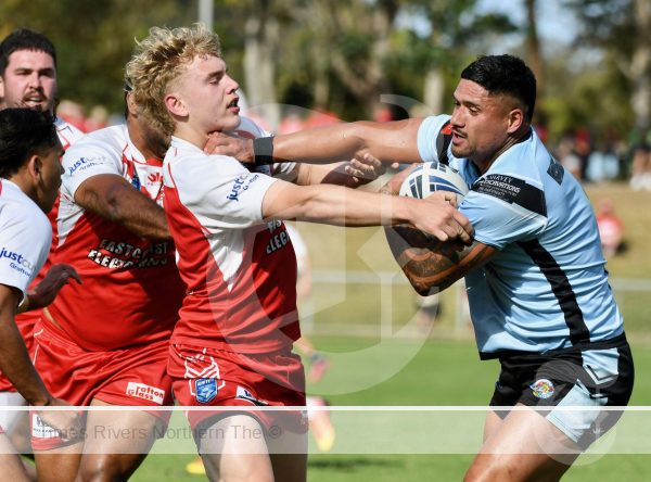 Woolgoolga centre Shayde Perham, pictured here during the 2023 grand final trying to fend off Rebels centre Jye Boehme, scored his team’s decisive try of the game in just the 24th minute of the match.