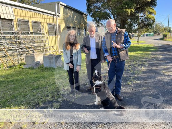 Lismore MP Janelle Saffin with North-Tracks Works Chair Patrick Higgins, Secretary/board member Kevin Bell and Mr Bell’s working dog Maezzie. - Youth Crime Prevention