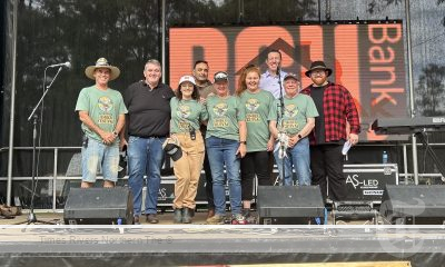 Richie Williamson is pictured with some of the hardworking organisers of the Glenreagh Timber Festival, his NSW Nationals colleagues, Gurmesh Singh and Michael Kemp and former The Voice Australia semi-finalist Mick Harrington (red & black flannie)