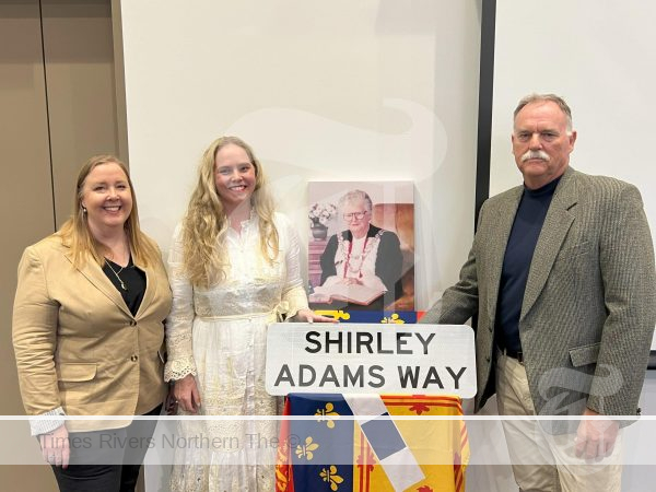 Minister for Regional Transport and Roads Jenny Aitchison with Shirley Adams’ granddaughter Jessica Lambert and Ms and Ms Adams’ OAM son Simon Adams.