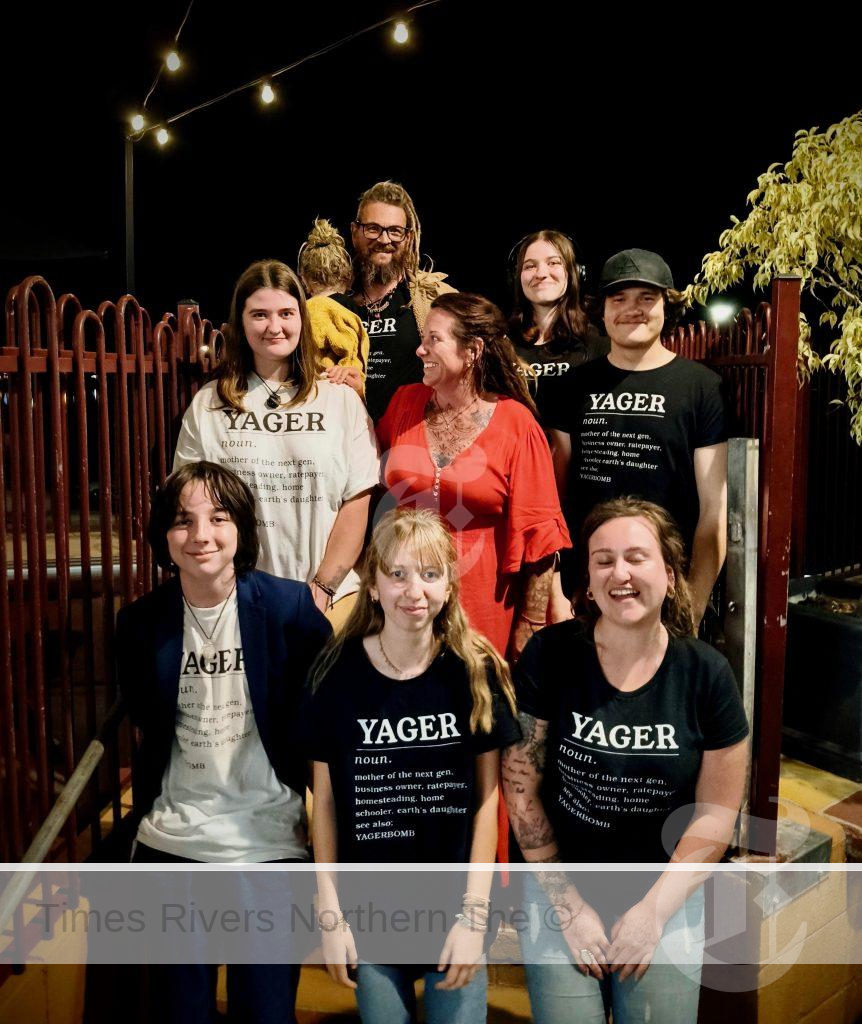 The Yager team, family members and friends, bottom from left: Buddy, Molly and Bella. Middle Sophie, Cristie and Sophie’s boyfriend Chase and rear, Aaron holding Barrie and Violet.