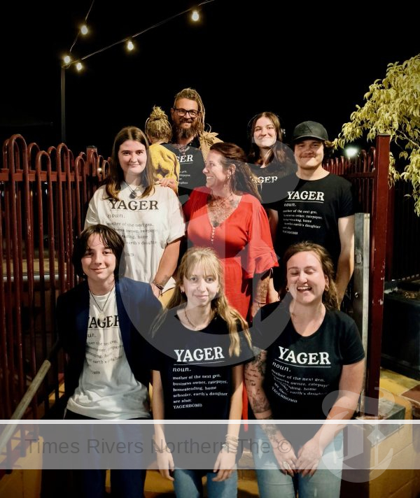 The Yager team, family members and friends, bottom from left: Buddy, Molly and Bella. Middle Sophie, Cristie and Sophie’s boyfriend Chase and rear, Aaron holding Barrie and Violet.