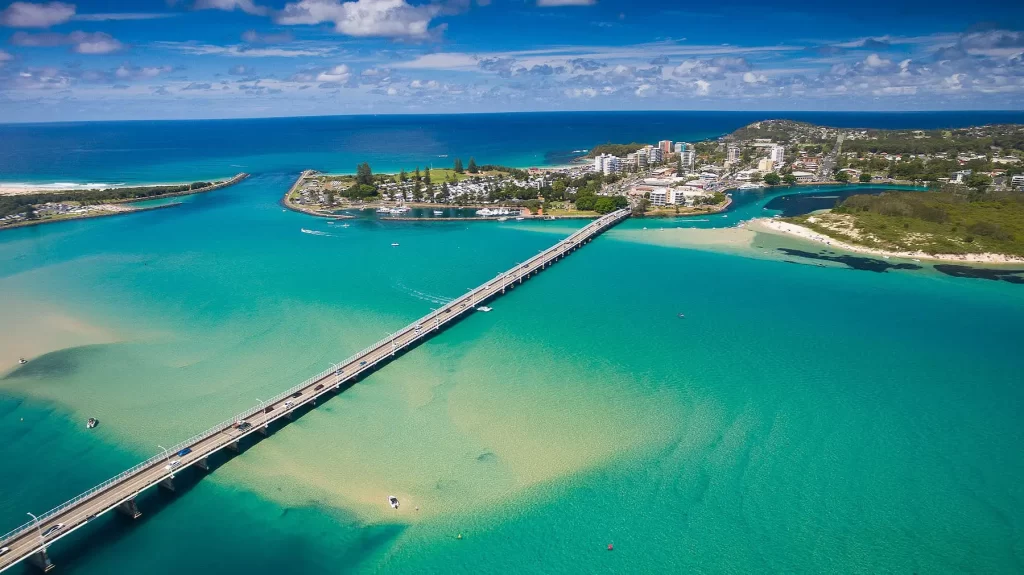 An arial shot of Wallis Lake at Forster and Tuncurry.